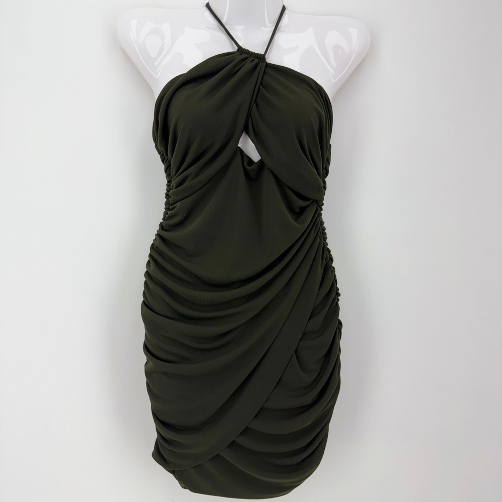 Zara Olive Green‎ Ruched Halter Cutout Mini Dress 8564/408/507 Womens S Layered